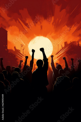 Silhouetted Men and Women Holding Fists in the Air, Representing Solidarity, Painting, Generative AI