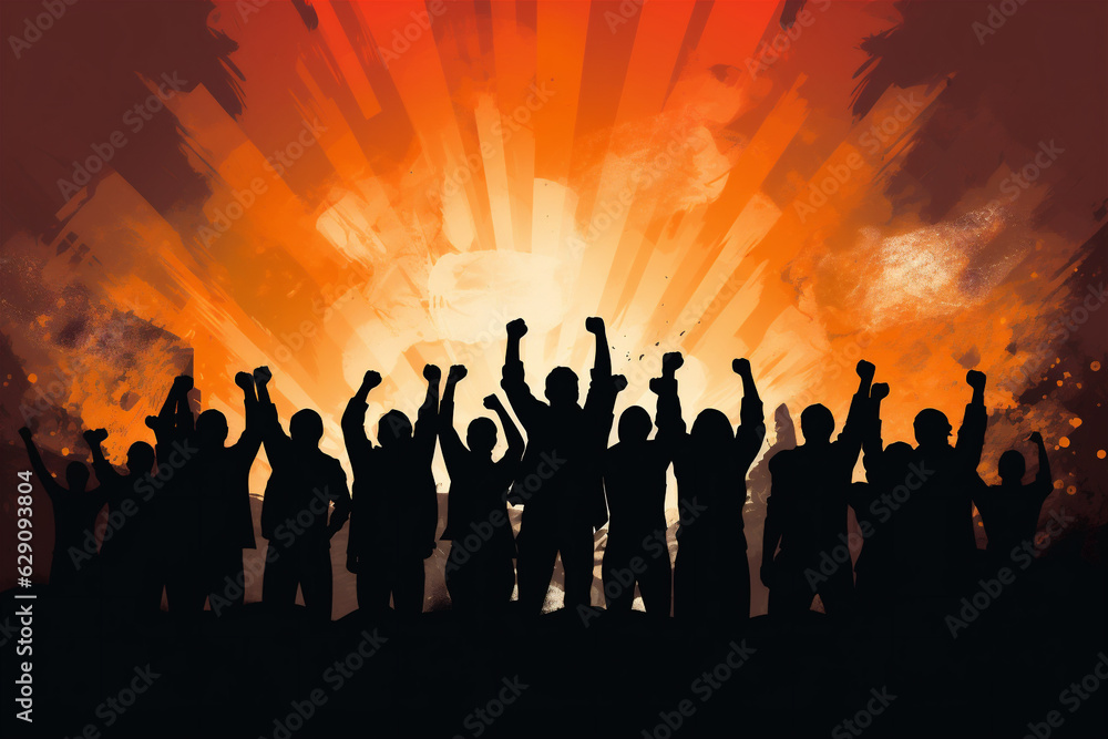 Silhouetted Men and Women Holding Fists in the Air, Representing Solidarity, Painting, Generative AI Silhouetted Men and Women Holding Fists in the Air, Representing Solidarity, Painting, Generative AI