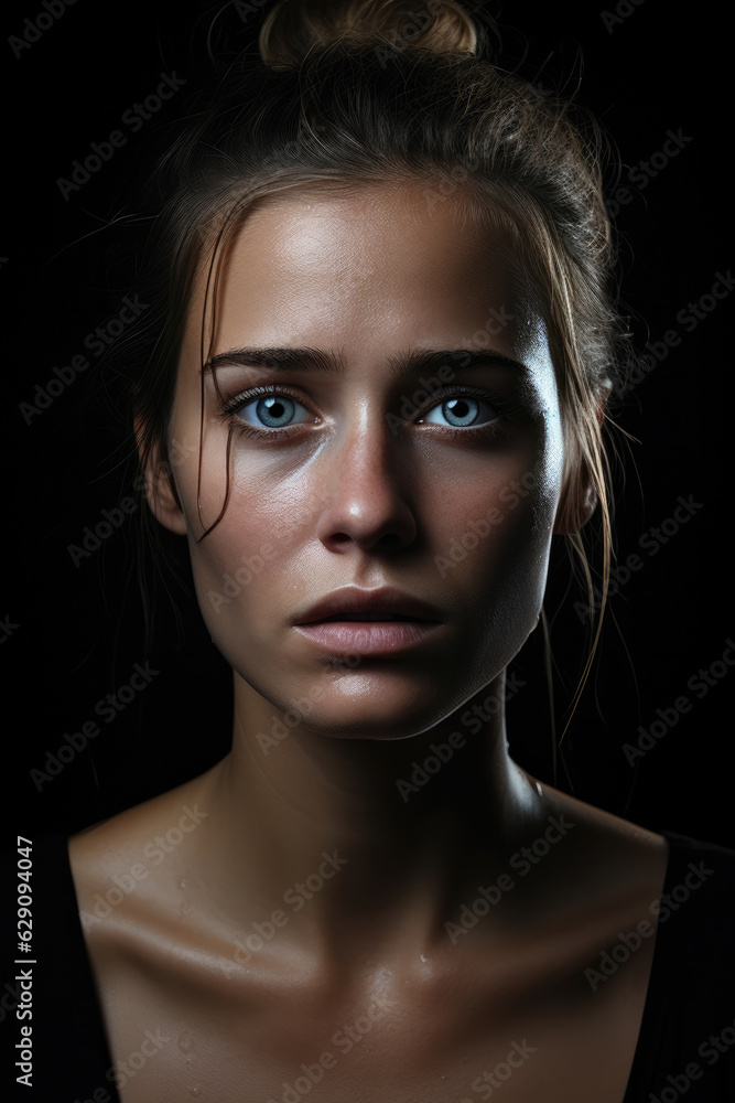 Beauty sad girl and cry on black background Beauty sad girl and cry on black background