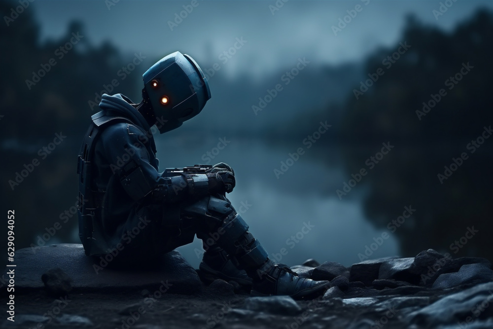 A Lonely Robot Sitting Next to a Lake, Representing a Future Full of Technological Innovation but Plagued by Loneliness, Generative AI A Lonely Robot Sitting Next to a Lake, Representing a Future Full of Technological Innovation but Plagued by Loneliness, Generative AI