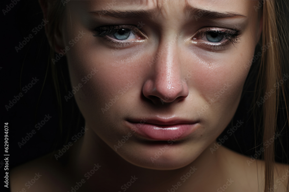 Beauty sad girl and cry on black background Beauty sad girl and cry on black background