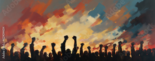 Silhouetted Men and Women Holding Fists in the Air, Representing Solidarity, Painting, Generative AI photo