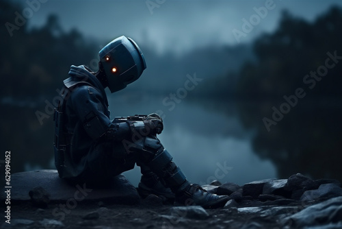 A Lonely Robot Sitting Next to a Lake, Representing a Future Full of Technological Innovation but Plagued by Loneliness, Generative AI