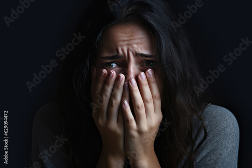 In desperate need. Close up of poor sad depressed young woman begging for help and going to cry while standing isolate on black background