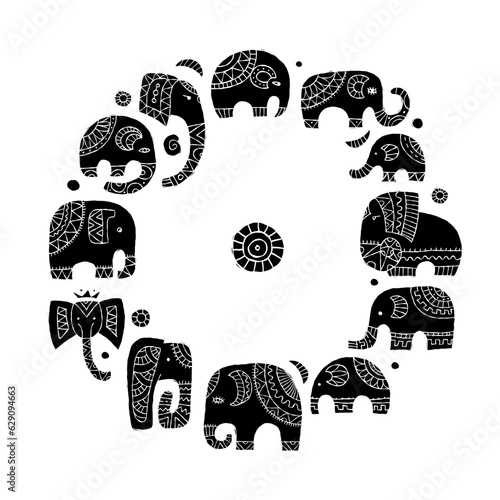Elephant family, circle frame for your design. Ethnic ornament