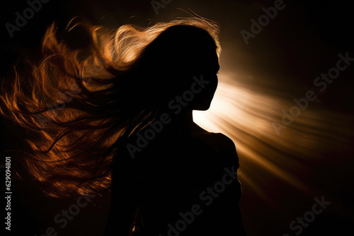 Silhouette of woman's head with waving hair, back light.