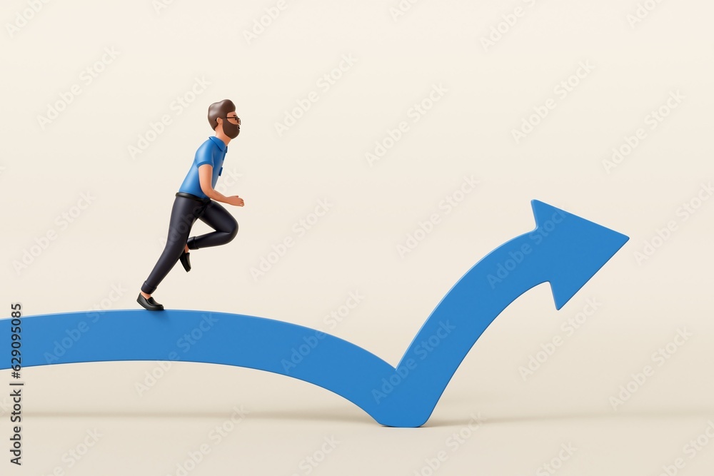 A businessman running along an arrow. Business performance and leadership. 3D Rendering A businessman running along an arrow. Business performance and leadership. 3D Rendering