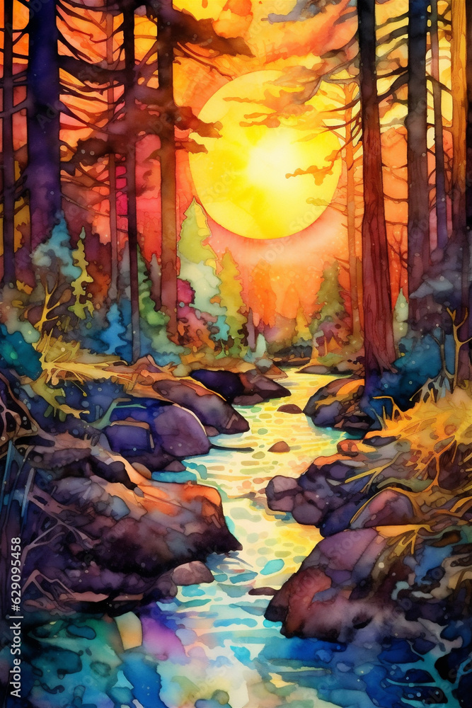 Fototapeta premium A Vibrant Landscape, Watercolor Painting Style Landscape, Otherworldly and Alien, Generative AI