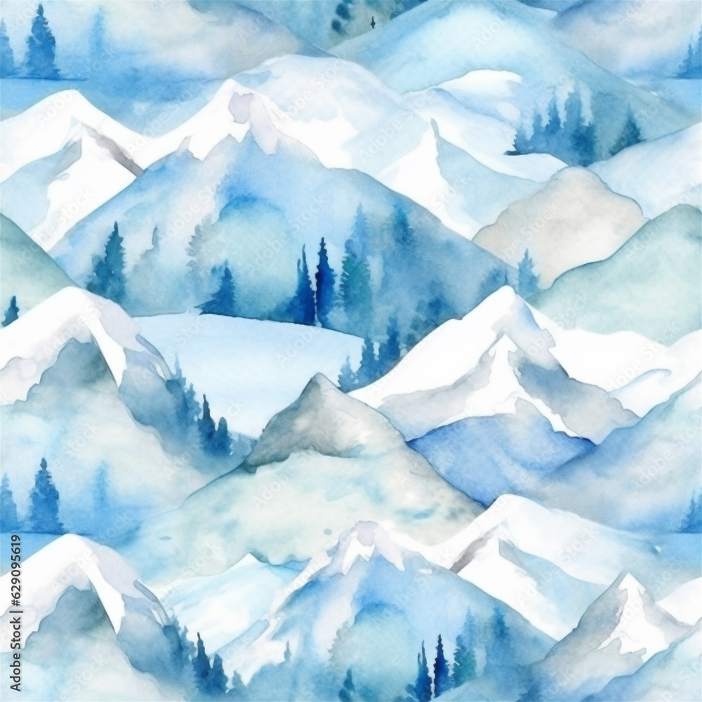 Watercolor Mountains Seamless Tile Pattern, Generative AI