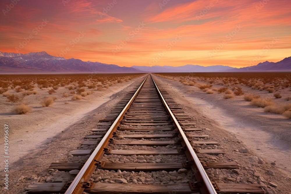 Travel concept. Railroad track with beautiful desert landscape. Mountain view at classic sunset background. Transportation and sky Travel concept. Railroad track with beautiful desert landscape. Mountain view at classic sunset background. Transportation and sky