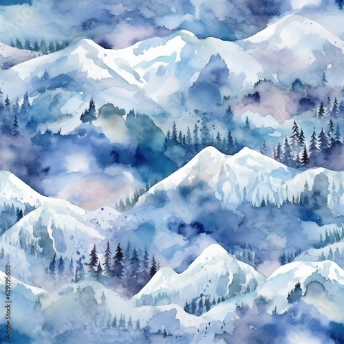 Watercolor Mountains Seamless Tile Pattern, Generative AI