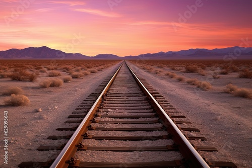 Travel concept. Railroad track with beautiful desert landscape. Mountain view at classic sunset background. Transportation and sky