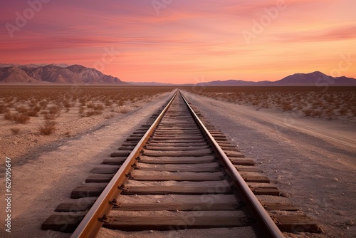 Travel concept. Railroad track with beautiful desert landscape. Mountain view at classic sunset background. Transportation and sky