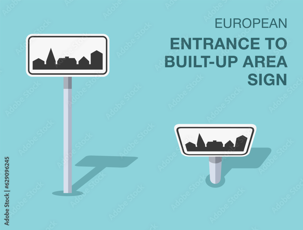 Traffic regulation rules. Isolated european entrance to buil-up area sign. Front and top view. Flat vector illustration template. Traffic regulation rules. Isolated european entrance to buil-up area sign. Front and top view. Flat vector illustration template.