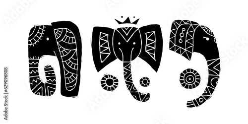 Elephant design, black silhouette isolated on white
