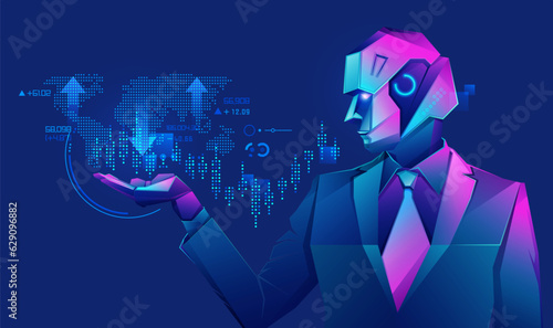 concept of robot trading technology, graphic of robot businessman using fintech interface presented in cyberpunk character style