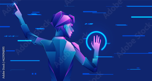 concept of digital transformation or deep learning, graphic of futuristic man with tech element presented in cyberpunk character style