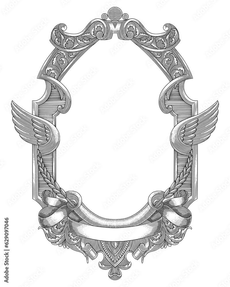 Obraz premium antique frame with wings, floral ornament and banner, vintage engraving drawing style illustration 
