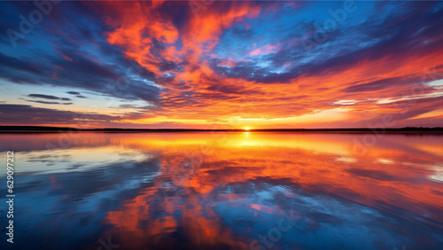 Reflection of a sunset on a calm body of water