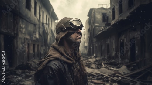 A blindfolded warrior in a post-apocalyptic city, destroyed city during the war