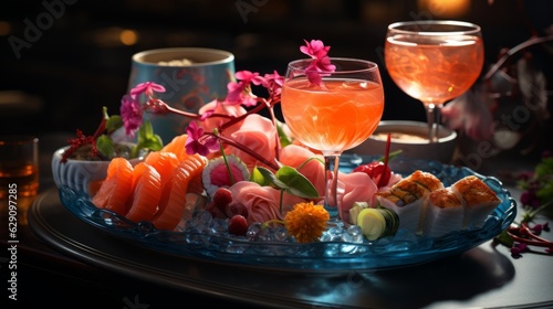 Photo of a delicious assorted platter of sushi paired with a glass of fine wine created with Generative AI technology