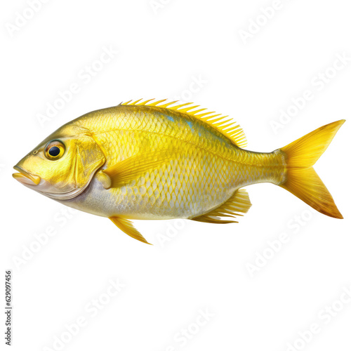 A yellow fish is swimming in the water. Isolated on white. Transparent PNG. Generative AI