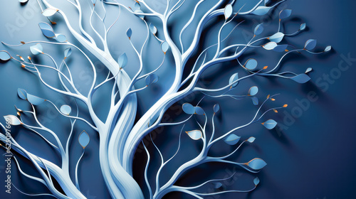 Tree with White Branches and Blue Leaves Background Artistic and Abstract Nature Design for peace AI Generative