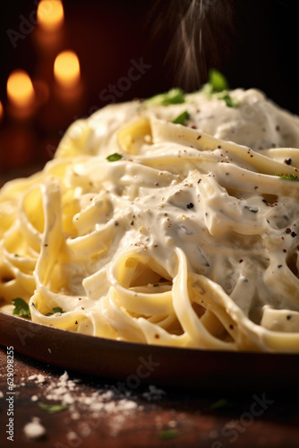 Savor the Flavor: Closeup of Traditional Fettuccine Alfredo with Rich Cream Sauce