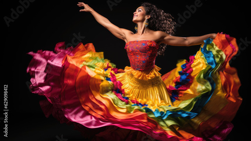 Colombian Salsa Extravaganza: Colorful Display of Woman Dancers' Passionate Dance Moves and Rhythmic Performances in a Vibrant Celebration of Latin Culture.