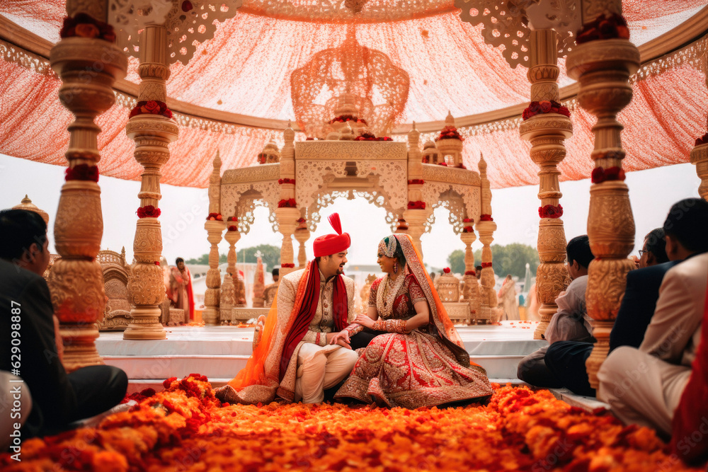Colors of Tradition. Elaborate Indian Wedding Showcase of Opulence, Richness, and Cultural Celebrations. AI Generative.
 - obrazy, fototapety, plakaty 