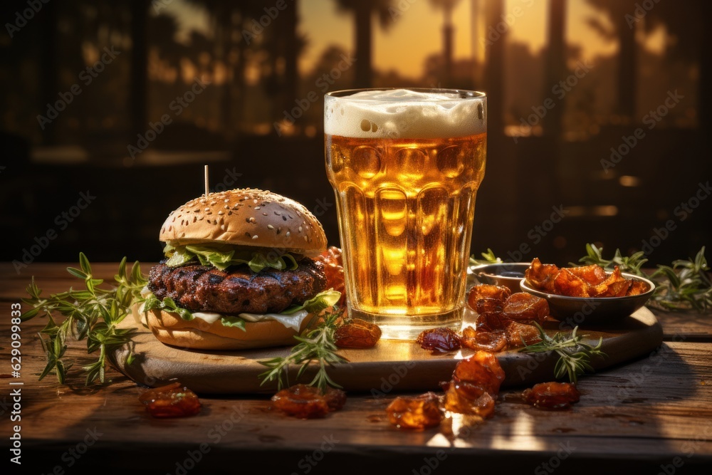 Beer and burgers on wooden table Beer and burgers on wooden table