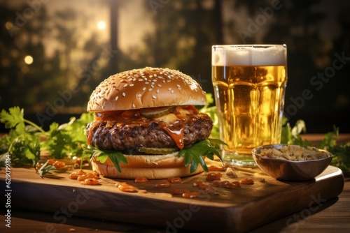  Beer and burgers on wooden table