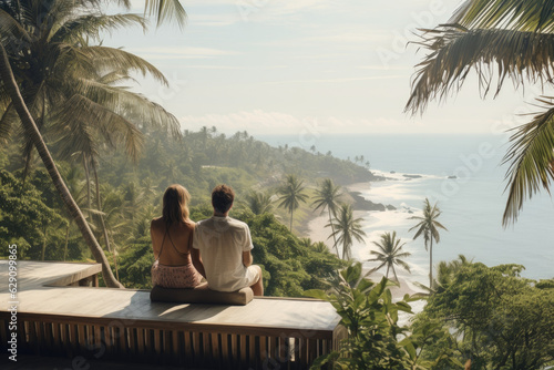 Couple in love chilling and enjoying beautiful views over the ocean, paradisiac beach, sunday morning, ai generative 