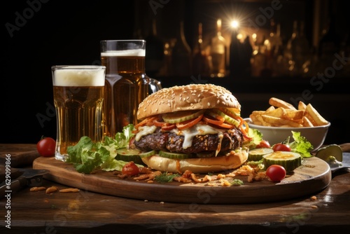  Beer and burgers on wooden table