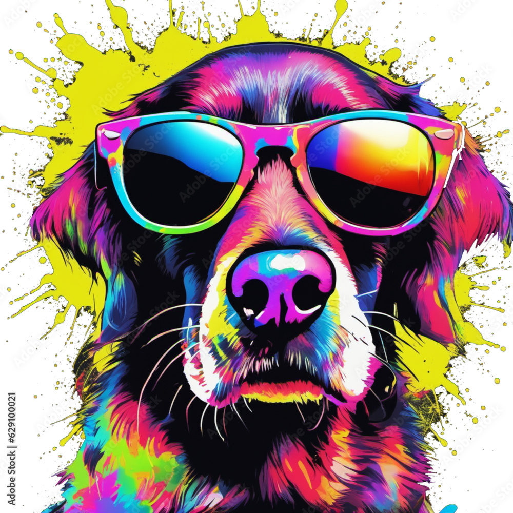 Dog is wearing a pair of Ray-Ban glasses and neon sunglasses