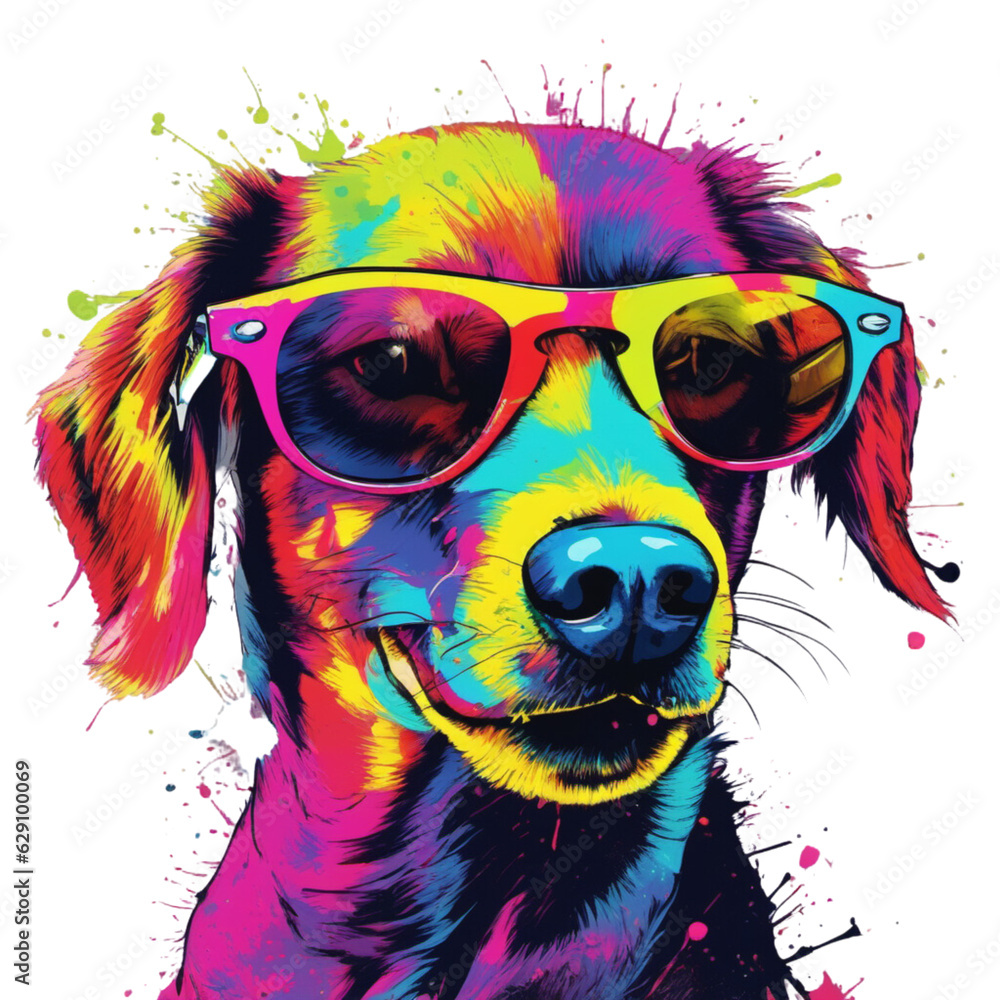 Dog is wearing a pair of Ray-Ban glasses and neon sunglasses