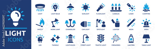 Light icon set. Containing light bulb, lamp, flashlight, LED, chandelier, spotlight and lighter icons. Solid icon collection. Vector illustration.