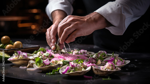 Sensory Fiesta: Mexican Chef's Vibrant Oyster Ceviche Marinated in Zesty Lime Juice, Jalapeños, Avocado, and Cilantro Leaves - A Culinary Artistry of Fresh Flavors.

 photo