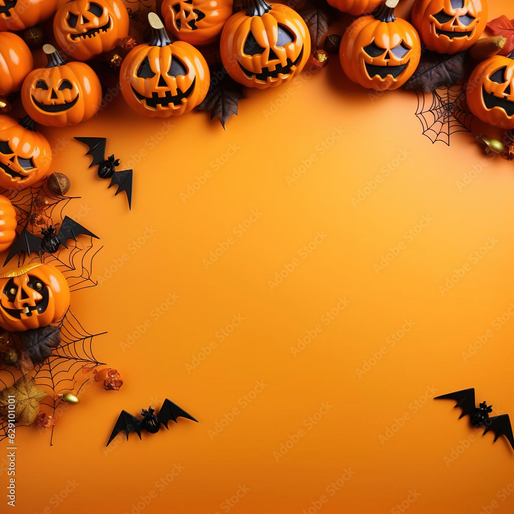 Trendy Halloween Decorations: Cute and Playful Frame of Modern Pumpkins, Spiders, and Bats on Yellow Background. Generative AI Trendy Halloween Decorations: Cute and Playful Frame of Modern Pumpkins, Spiders, and Bats on Yellow Background. Generative AI