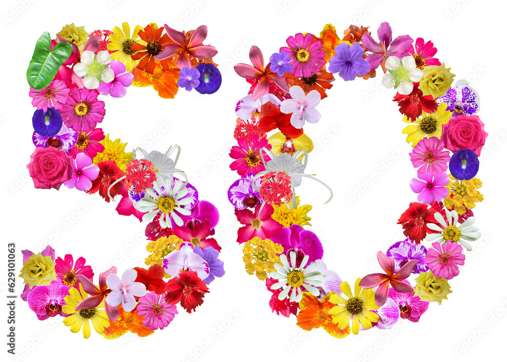 The shape of the number 50 is made of various kinds of flowers petals isolated on transparent background. suitable for birthday, anniversary and memorial day templates