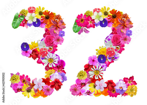 The shape of the number 32 is made of various kinds of flowers petals isolated on transparent background. suitable for birthday, anniversary and memorial day templates