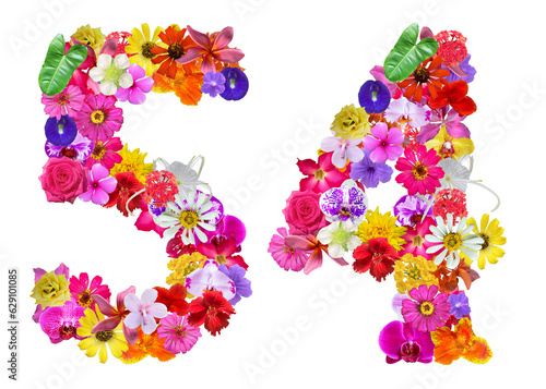 The shape of the number 54 is made of various kinds of flowers petals isolated on transparent background. suitable for birthday, anniversary and memorial day templates