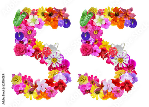 The shape of the number 55 is made of various kinds of flowers petals isolated on transparent background. suitable for birthday, anniversary and memorial day templates