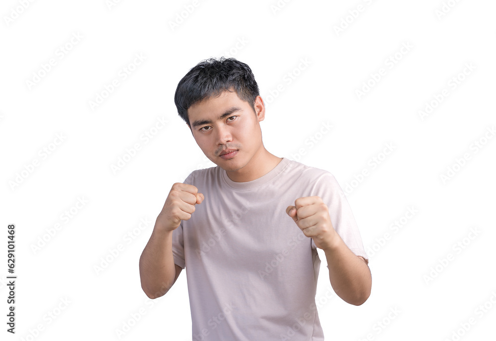 Young handsome man wearing casual t-shirt over white background. Punching fist to fight, aggressive and angry attack, threat and violence, looking forward in boxing fists and ready to attack. Young handsome man wearing casual t-shirt over white background. Punching fist to fight, aggressive and angry attack, threat and violence, looking forward in boxing fists and ready to attack.