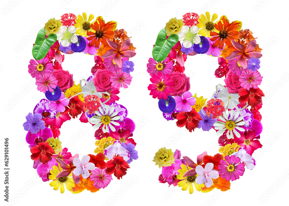 The shape of the number 89 is made of various kinds of flowers. suitable for birthday, anniversary and memorial day templates The shape of the number 89 is made of various kinds of flowers. suitable for birthday, anniversary and memorial day templates