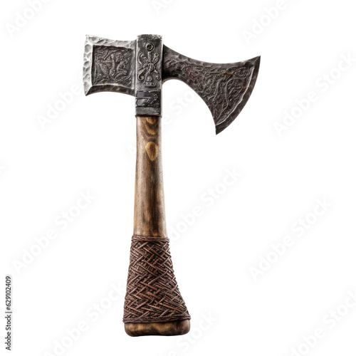 An antique wooden-handled axe isolated on a white background. PNG. Transparent. Generative AI