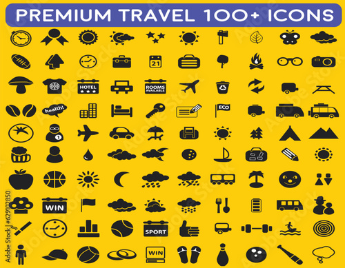 Premium hotel service and travel flight icon pack with addition Normal Routine signs uPTO 100 icon pack in Yellow Vibes Latest 2023 Design.	