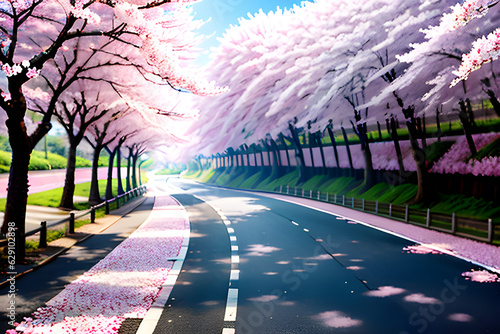 cherry blossom road. Generative AI