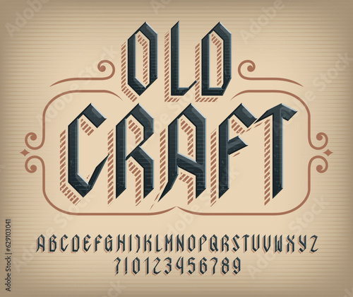 Old Craft alphabet font. Ancient letters and numbers for label, badge or emblem design. Stock vector typeface for your typography design.