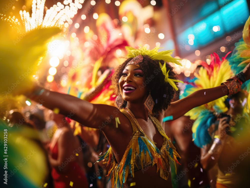 Obraz premium Vibrant Carnival Rhythms. Dancers in Exotic Feather Costumes at the Brazilian Carnival. AI Generative